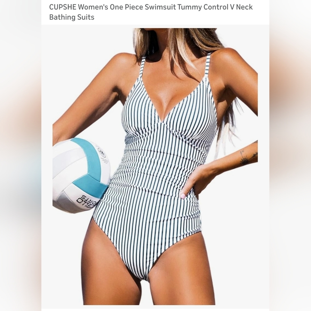 Cupshe Blue And White Striped V-Neck One-Piece Swimsuit
